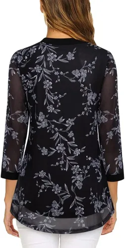 Vista 2 de Supnier Blusas elegantes para mujer, manga 34, cuello en V, con estampado floral, camisas de malla, ajuste holgado