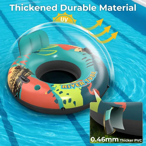 Vista 3 de Flotador de tubo de río resistente de 53 pulgadas para adultos, flotador inflable para piscina, lago y playa con portavasos incorporados, respaldo