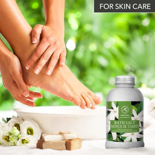 Vista 7 de AROMATIKA - Sal de baño Monoi de Tahiti 21.16 oz (600 g) – Aroma de flores de coco y gardenia – Baño relajante – Buen sueño – Aromaterapia – Baño