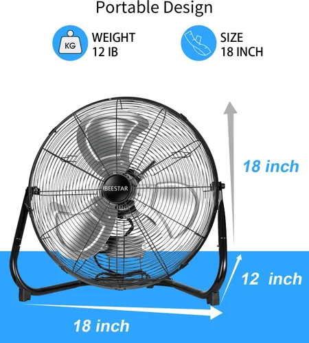 Vista 5 de BEESTAR Ventilador de piso de 18 pulgadas, ventilador de alta velocidad con 3 velocidades y cabezal inclinable ajustable, ventilador industrial