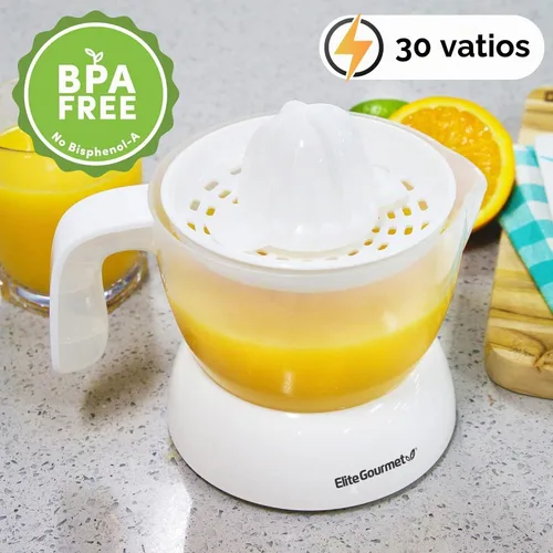 Vista 2 de Elite Gourmet ETS-411 Exprimidor eléctrico de cítricos, compacto, 30 vatios, 16 onzas, color blanco BPA-Free build with large-volume pulp control