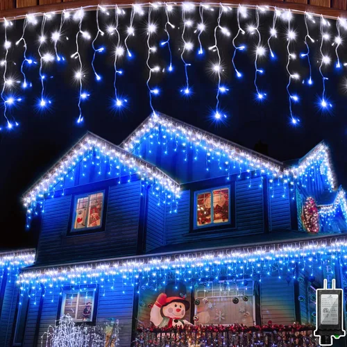 Vista 9 de 612 luces LED de Navidad de 60 pies con 136 gotas, 12 modos regulables, luces colgantes blancas frías al aire libre con memoria de temporizador