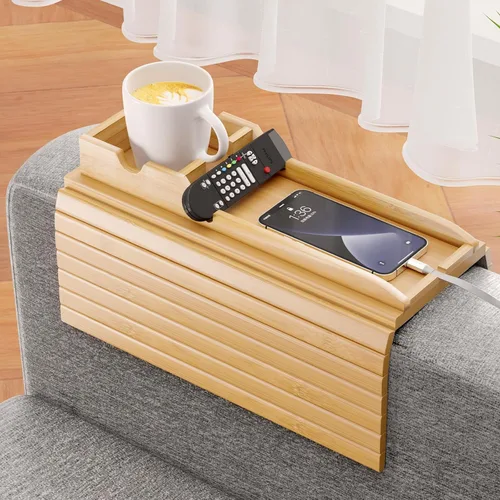 Vista 12 de Bestjing Bandeja de bambú para portavasos de sofá – 2 en 1 con soporte doble desmontable Be Slide-Away – Sofá sillón Caddy para beber aperitivos