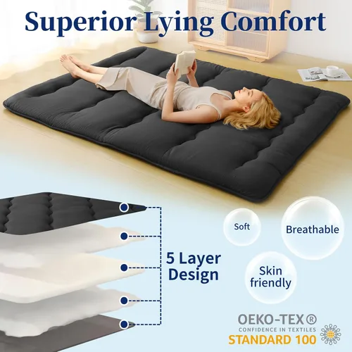 Vista 4 de Colchón de futón japonés – Colchón grueso de color negro, almohadilla plegable de tatami de 5 capas con bolsa de almacenamiento y correas, colchones