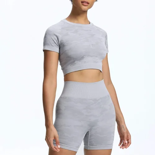Vista 4 de Aoxjox Traje de yoga para mujer, sin costuras, 2 piezas, entrenamiento, gimnasio, adaptado, pantalones cortos de cintura alta con brasier deportivo