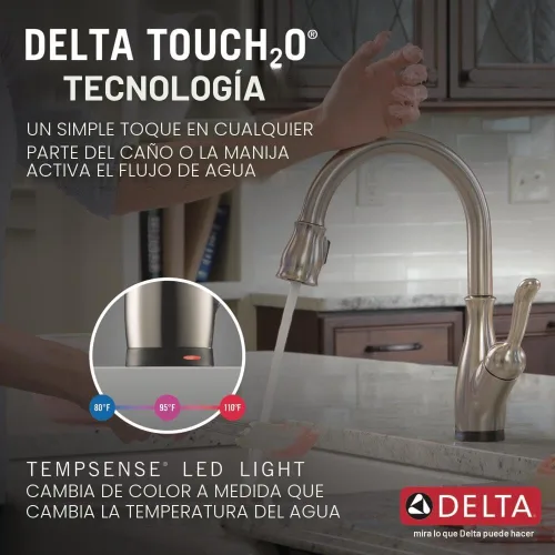 Vista 2 de Delta Leland Grifo de Cocina Táctil de Níquel Cepillado con Rociador Desplegable, Grifo Táctil Tradicional de Un Solo Orificio para Fregadero