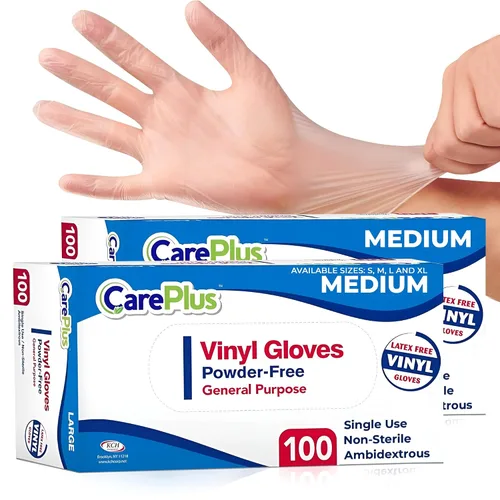 Vista 19 de CARE PLUS Pro - Guantes de vinilo transparentes de tamaño pequeño, 100 unidades Sin látex, sin polvo, resistentes, no estériles, Guantes