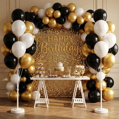 Vista 8 de HIINS - Juego de 2 columnas de globos de oro negro de 10 pulgadas con base y poste, decoración de fondo para fiesta