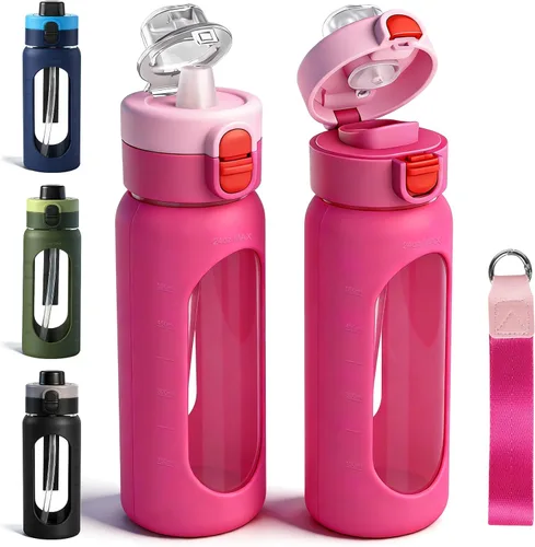 Vista 13 de ANOTION Botella de agua de vidrio de 24 onzas con popote y funda de Negro