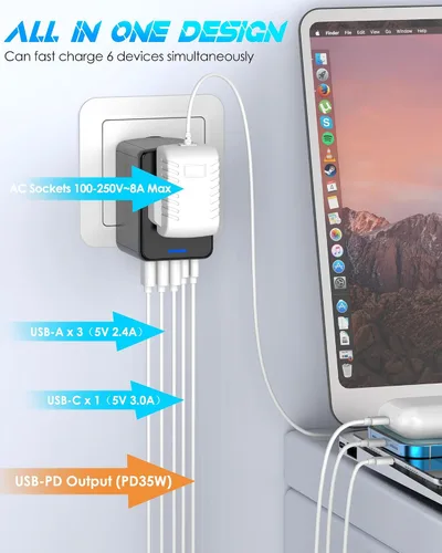 Vista 3 de Adaptador de viaje universal con carga rápida USB-C PD de 35 W, 5 puertos USB C/A, salida de CA de 2500 W, adaptador de corriente internacional
