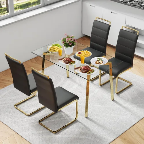 Vista 11 de Juego de mesa de comedor de cristal para 4, mesa rectangular con 4 sillas de cocina de cuero blanco, juego de comedor de cocina de 51 pulgadas, mesa