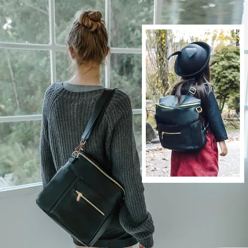 Vista 7 de miss fong Pequeña bolsa de pañales mini bolsa de pañales, mochila de cuero para pañales con 14 bolsillos, bolsillos aislados y correa para el hombro