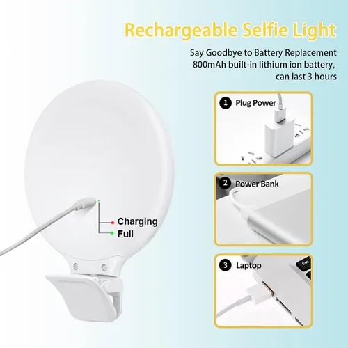 Vista 5 de Anillo de luz para selfie, control táctil de luz de anillo con clip, recargable de 800 mAh, 60 luces LED circulares con 3 modos de luz