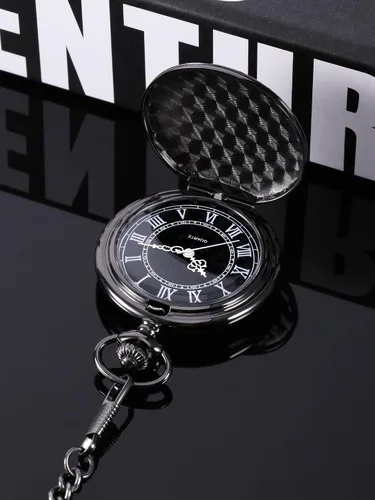 Vista 3 de Reloj de bolsillo de cuarzo para hombre con esfera negra y cadena