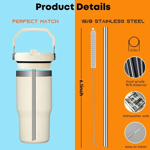 Vista 4 de ALINK - Paquete de 6 popotes de acero inoxidable compatibles con el vaso Stanley Iceflow de 20 onzas con tapa abatible, popotes metálicos