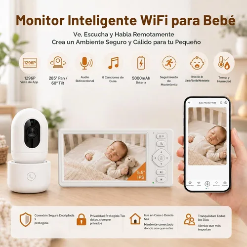Vista 10 de Blemil Monitor de bebé WiFi inteligente de 5.5 pulgadas con cámara y audio