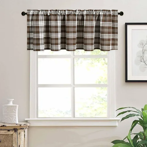 Vista 44 de VOGOL Cenefa de cuadros marrón con textura de lino para dormitorio, sala de estar, diseño de bolsillo para barra, fácil de colgar, 52 x 12 pulgadas