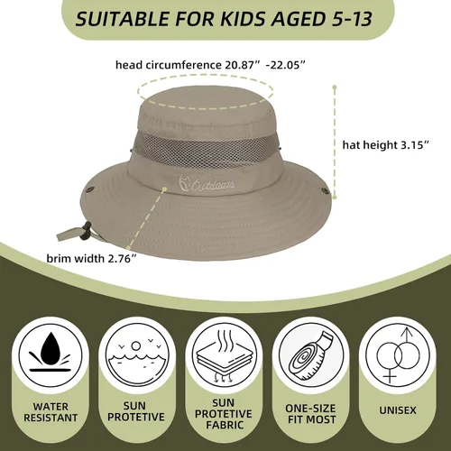 Vista 6 de Sombrero de sol para niños, ala ancha, sombrero de safari para niños, protección solar UPF 50+, sombrero de cubo para niños y niñas