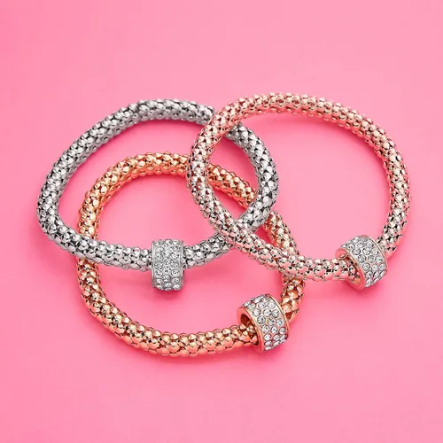 Vista 5 de Pulsera de oro de 14 quilates, plata y oro rosa, 3 piezas, pulsera de cadena de maíz, pulsera elástica de múltiples capas de cristal, pulseras
