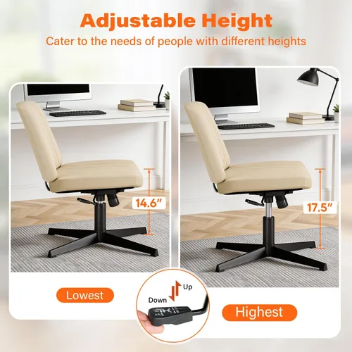 Vista 6 de PayLessHere Silla cruzada Beige Silla de escritorio ancha y sin brazos sin ruedas 360 giratoria, altura ajustable y base de metal estable