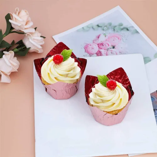 Vista 3 de 100 tazas de papel de aluminio para hornear, forros desechables estilo tulipán, 3.5 onzas, soportes de aluminio reutilizables para cupcakes