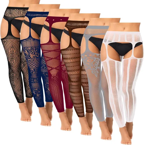 Vista 10 de Skylety 6 pares de medias de red para mujer, medias altas hasta el muslo, medias con tirantes para mujeres y niñas