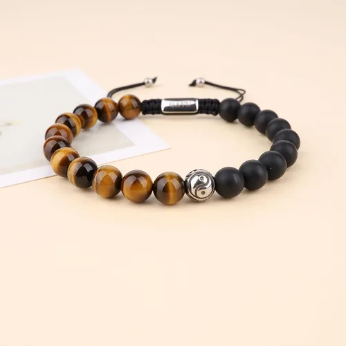 Vista 5 de GAVU Pulsera de cristal, pulsera de cuentas de ónix Yin Yang para hombre