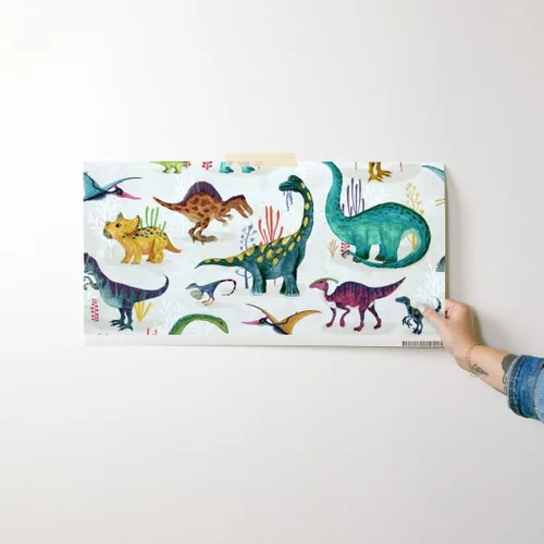 Vista 7 de Muestras de papel tapiz para despegar y pegar, dinosaurios, brillantes, grandes, verdes, para niños, rayas grises, dibujado a mano, dinosaurios