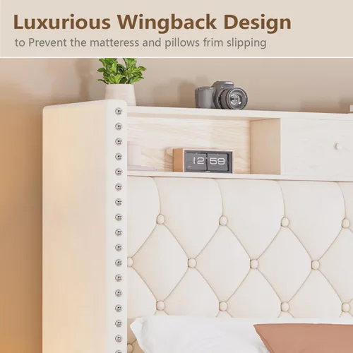 Vista 3 de Base de cama LED tamaño matrimonial con estación de carga USB, base de cama tapizada de terciopelo con cabecera de almacenamiento con botón