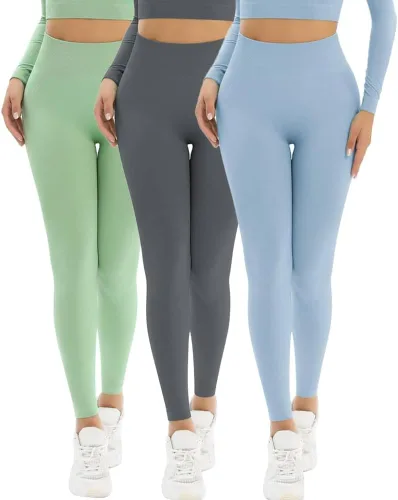 Vista 2 de Silkway Leggings para mujer, yoga y gimnasio, pantalones de cintura alta, control de abdomen, sin costuras, suaves, paquete de 3