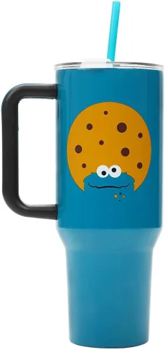 Vista 5 de Bioworld Sesame Street Cookie Monster - Vaso de acero inoxidable azul de 40 onzas con asa
