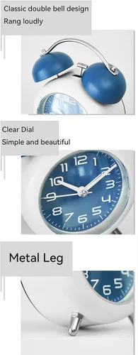 Vista 3 de TXY Reloj despertador, reloj analógico de mesa de escritorio de metal de 4 pulgadas, silencioso con luz nocturna para dormitorio, hogar, oficina