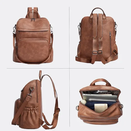 Vista 7 de Mochila antirrobo para mujer, mochila convertible 3 en 1 de cuero vegano con cremallera oculta, hombro ajustable y bolsa cruzada para viajes