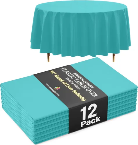Vista 8 de Exquisite 66% Thicker Premium Aqua Round Tablecloth 0.5 Mil 6 Pack Plastic Table Cloth Disposable 84 Inch Round Plastic Tablecloth Won't Tear Easily