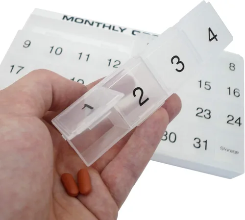 Vista 6 de Organizador de pastillas mensual 31 compartimentos, 1 por día, 4 semanas, organizador de pastillas completo de 31 días Incluye bandeja y 8