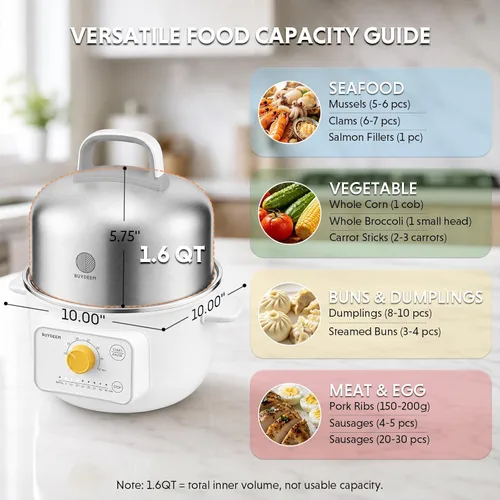 Vista 6 de BUYDEEM G32 Vaporizador Eléctrico de Alimentos 1.56L, Vaporizador de Acero Inoxidable para Verduras, Huevos y Mariscos, 8 Configuraciones de Tiempo