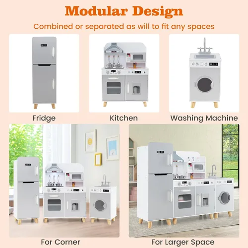 Vista 2 de Costzon Cocina de juego de 3 piezas para niños, juego de cocina de juguete de madera con refrigerador, lavadora, campana extractora, máquina
