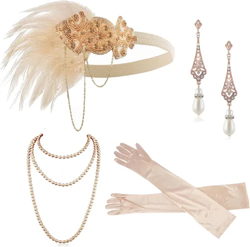 Vista 49 de Cizoe (aa) - Juego de accesorios de estilo Gatsby de la década de 1920, para mujer, diadema de estilo flapper, tocado, collar, guantes