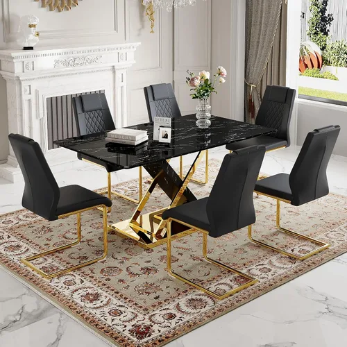Vista 22 de Juego de mesa de comedor de mármol para mesa rectangular blanca de 6.63 pulgadas con marco de metal plateado en forma de X y 6 sillas de comedor