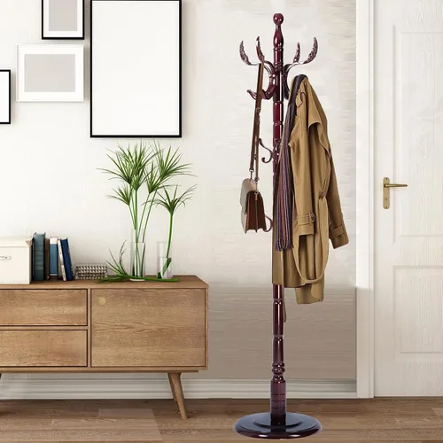 Vista 14 de Percheros independientes con 14 ganchos, soportes de madera natural para entrada, altura ajustable de 73 pulgadas, perchero de árbol para pasillo