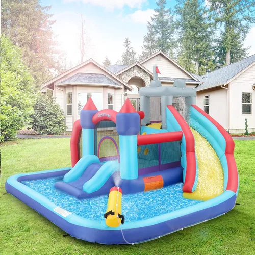 Vista 5 de AKEYDIY Toboganes acuáticos inflables, estilo castillo, parque acuático inflable al aire libre con escalada, borde de baloncesto, piscina