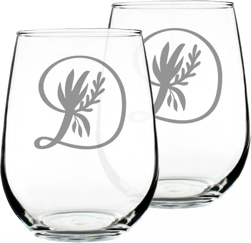 Vista 6 de Custom Monogram Floral Letter D - Personalized Stemless Wine Glass - Personalized Gifts for Women and Men - Large Engraved 17 Oz Glasses