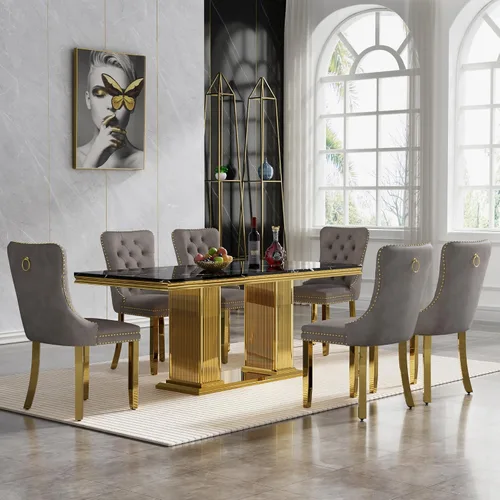 Vista 70 de Juego de mesa de comedor de 5 piezas para 4, mesa de cocina de mármol negro de 68 pulgadas con 4 sillas beige, mesa de comedor rectangular moderna