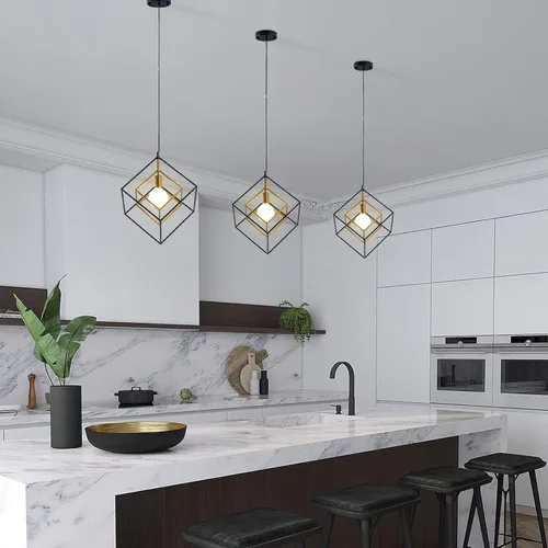 Vista 6 de Lámpara de araña geométrica moderna, lámpara colgante de metal con 1 luz, lámpara de techo colgante de latón negro, iluminación industrial de cubo