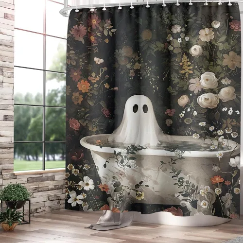 Vista 2 de Cortina de ducha de Halloween con diseño de fantasma, para bañera, bosque de flores, cortina de ducha para baño, academia oscura, tina fantasma