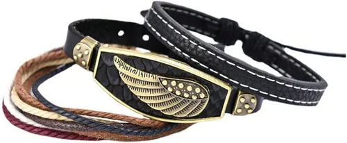 Vista 5 de Bigbabybig 3 pulseras de cuero estilo surfista con alas de ángel punk, étnicas tribales y étnicas para hombres y mujeres, pulsera trenzada de cuero