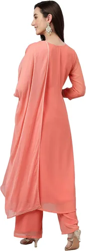 Vista 7 de Janasya Indian Peach Georgette Foil Print Kurta con Palazzo y Dupatta para mujer