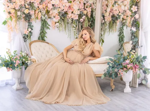 Vista 7 de Vivymaku Vestido de maternidad de gasa con cuello en V para sesión de fotos, maternidad, embarazo, baby shower, vestido hinchado transparente