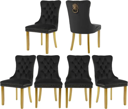 Vista 19 de Juego de 2 sillas de comedor de terciopelo, silla de comedor tapizada de alta gama con tirador de anillo en la espalda, adorno de clavos y patas