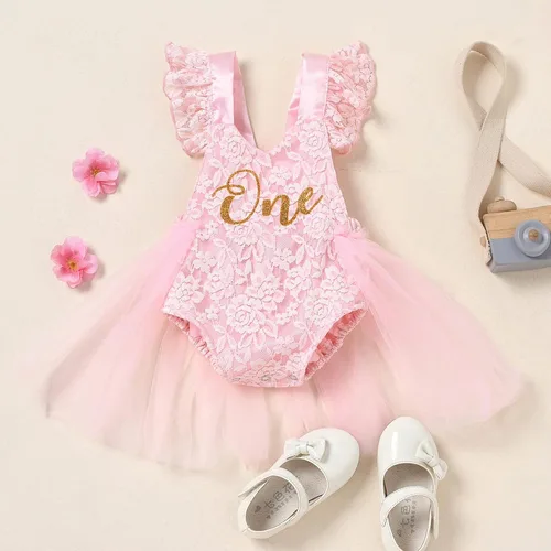 Vista 2 de Baby Girl First Birthday Outfit Lace Tulle Romper Princess Tutu Dress One Year Old Birthday Cake Smash Photography Clothes